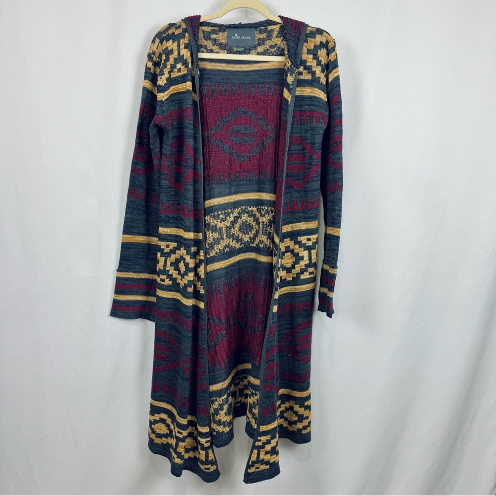 Paper Crane Boho Aztec patterned hooded longline cardigan Open Front Womens Sz M